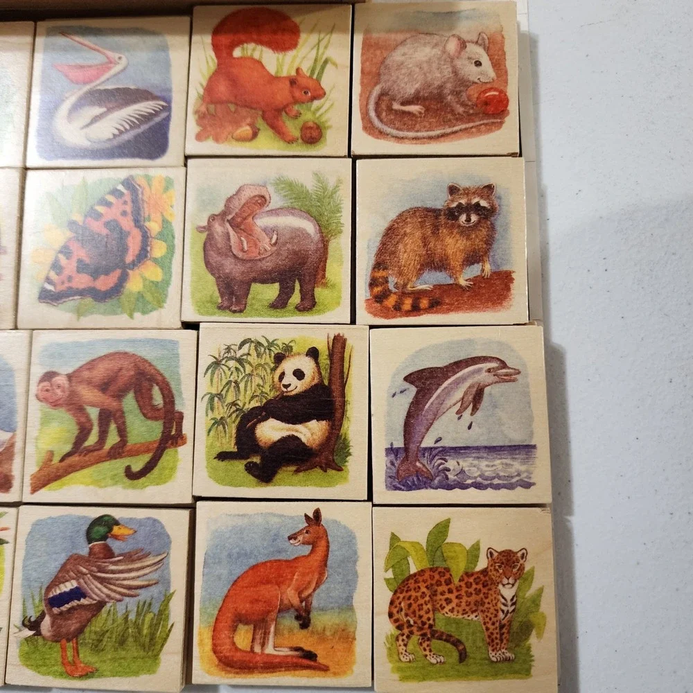 Vintage Wooden Animal Memory Matching Game 28 Piece Set with Storage Box 714630